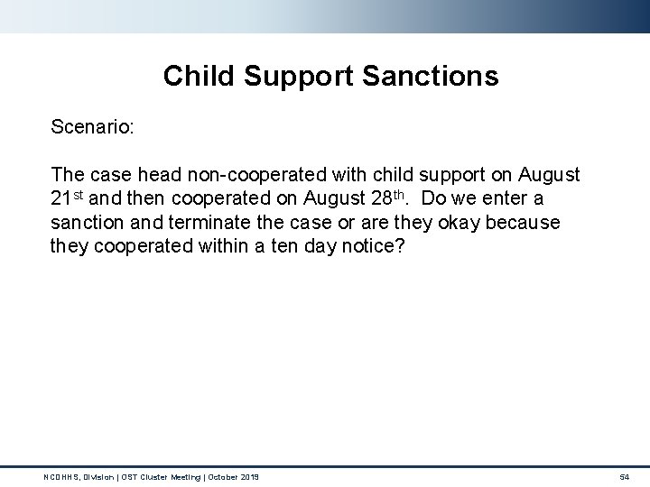 Child Support Sanctions Scenario: The case head non-cooperated with child support on August 21