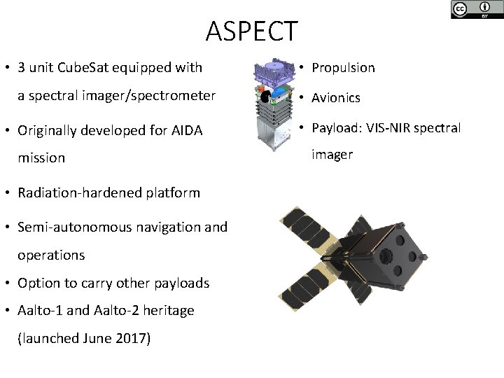ASPECT • 3 unit Cube. Sat equipped with a spectral imager/spectrometer • Originally developed
