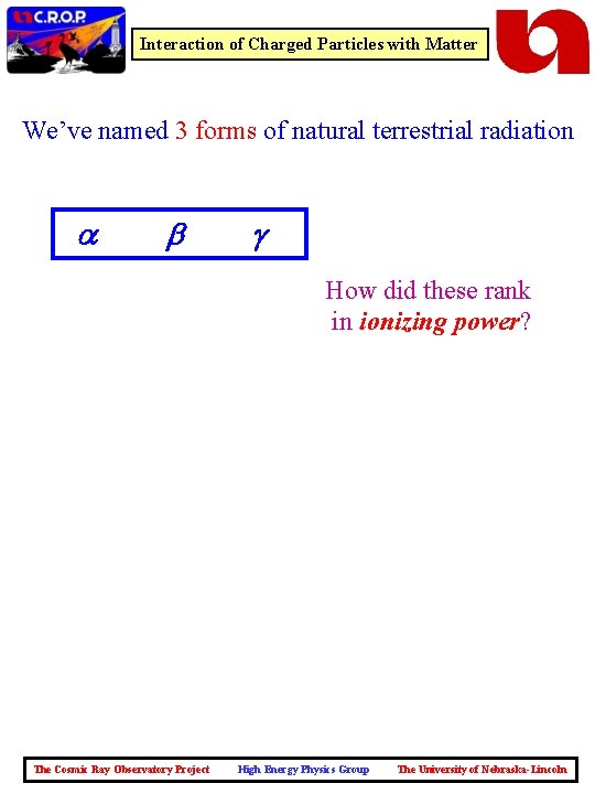 Interaction of Charged Particles with Matter We’ve named 3 forms of natural terrestrial radiation