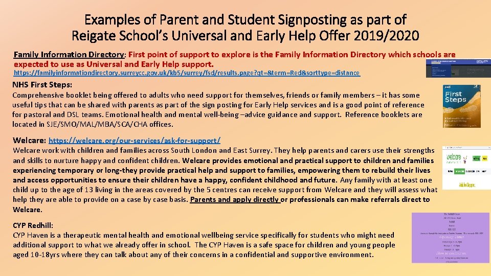 Examples of Parent and Student Signposting as part of Reigate School’s Universal and Early Examples of Parent and Student Signposting as part of Reigate School’s Universal and Early