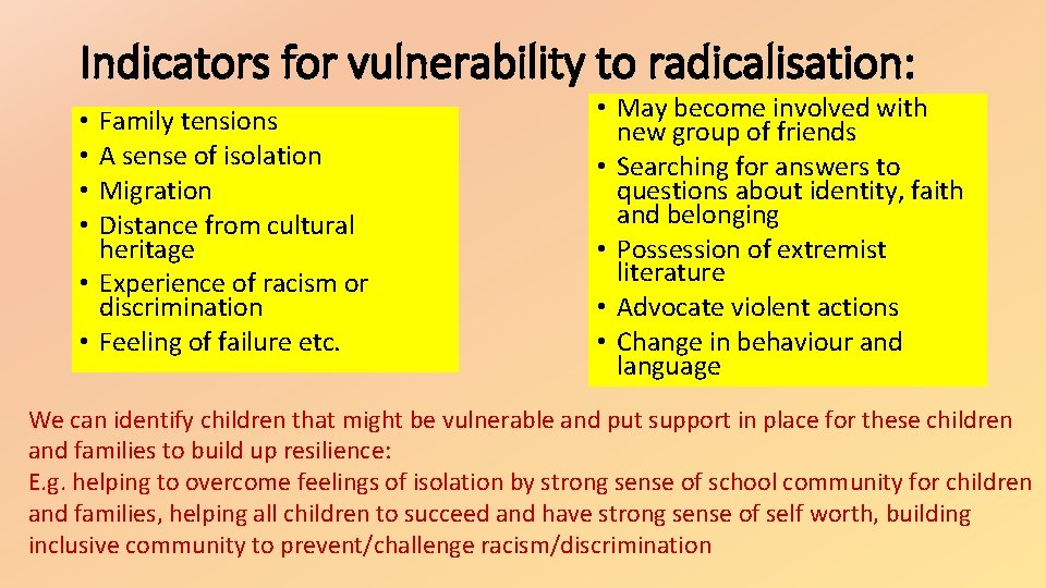 Indicators for vulnerability to radicalisation: Family tensions A sense of isolation Migration Distance from Indicators for vulnerability to radicalisation: Family tensions A sense of isolation Migration Distance from