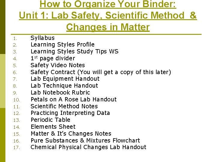 How to Organize Your Binder: Unit 1: Lab Safety, Scientific Method & Changes in