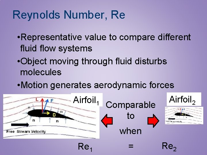 Reynolds Number, Re • Representative value to compare different fluid flow systems • Object