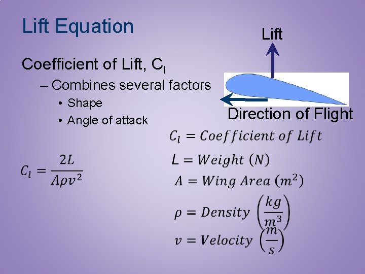Lift Equation Lift Coefficient of Lift, Cl – Combines several factors • Shape •