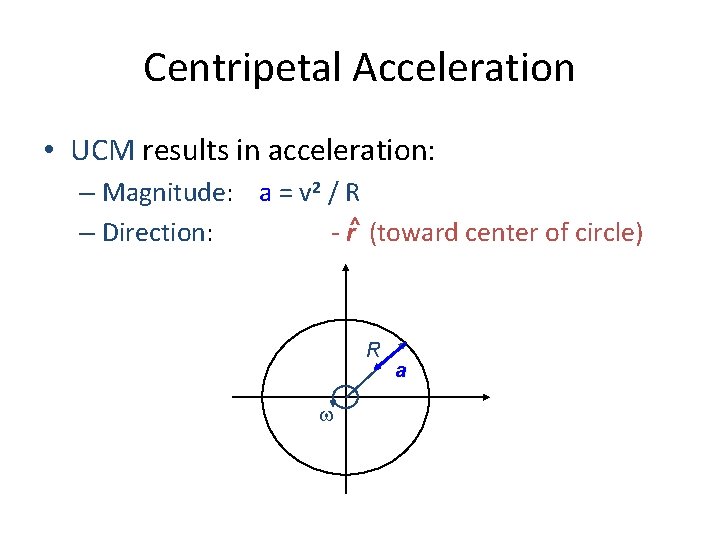 Centripetal Acceleration • UCM results in acceleration: – Magnitude: a = v 2 /
