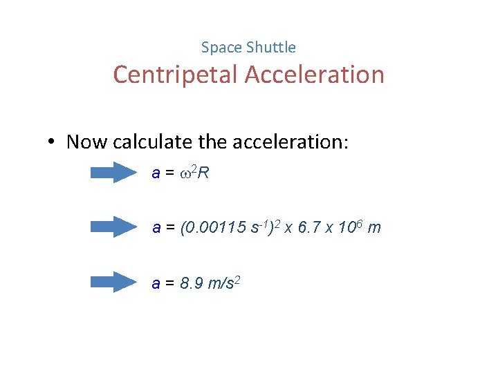 Space Shuttle Centripetal Acceleration • Now calculate the acceleration: a = 2 R a
