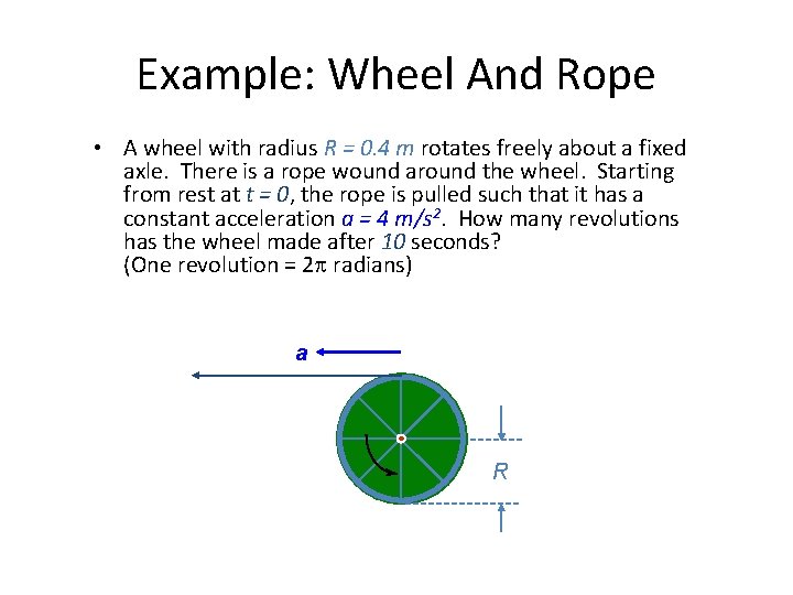Example: Wheel And Rope • A wheel with radius R = 0. 4 m