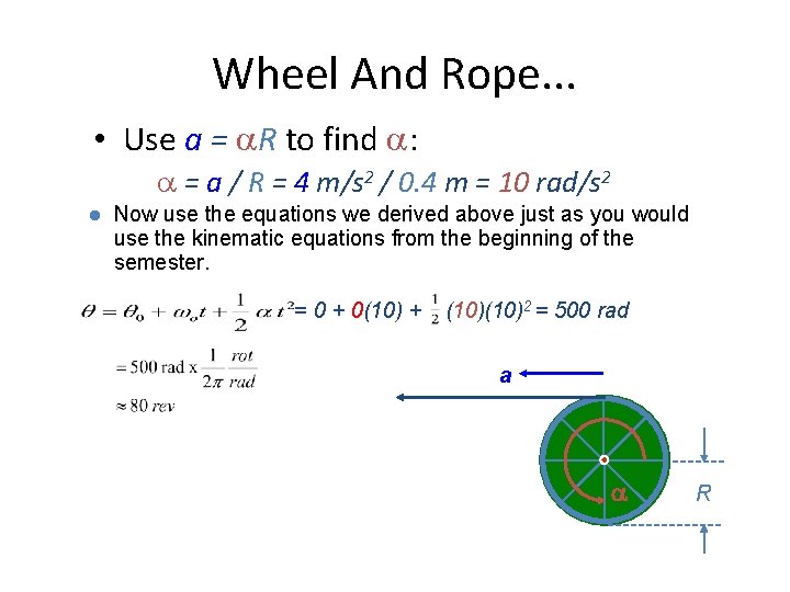 Wheel And Rope. . . • Use a = R to find : =