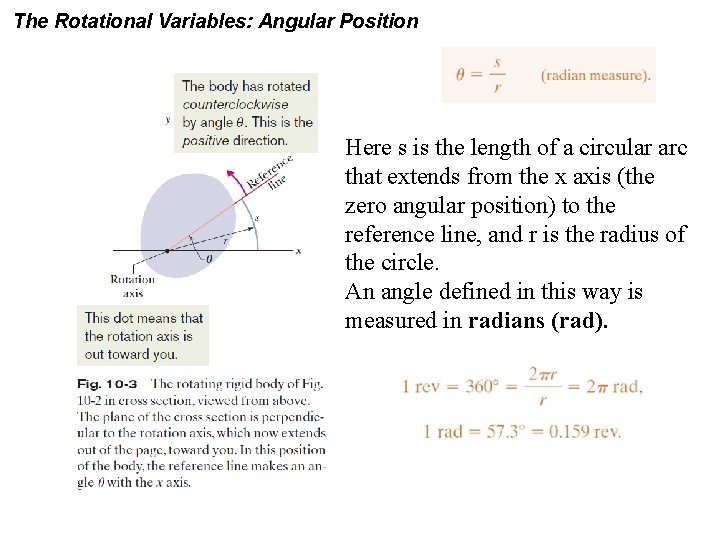 The Rotational Variables: Angular Position Here s is the length of a circular arc