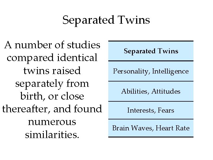 Separated Twins A number of studies compared identical twins raised separately from birth, or Separated Twins A number of studies compared identical twins raised separately from birth, or