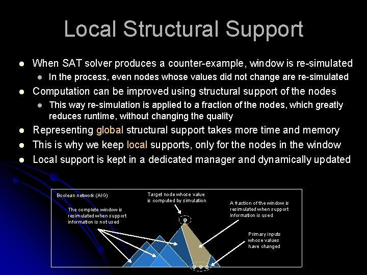 Local Structural Support l When SAT solver produces a counter-example, window is re-simulated l