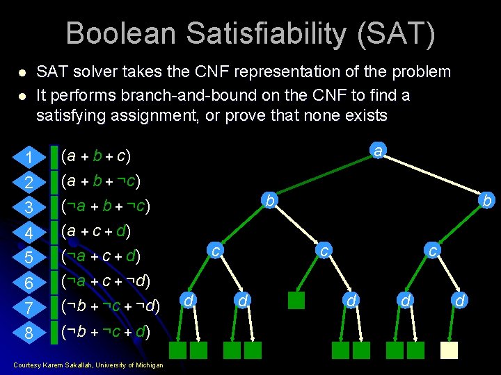 Boolean Satisfiability (SAT) l l SAT solver takes the CNF representation of the problem