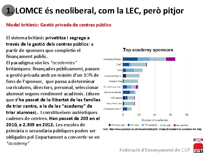 1. LOMCE és neoliberal, com la LEC, però pitjor Model britànic: Gestió privada de