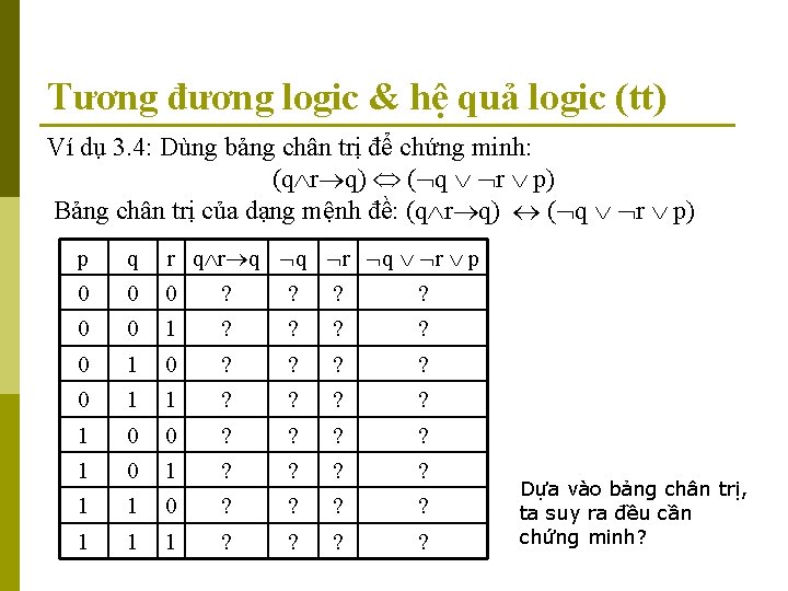 Tương đương logic & hệ quả logic (tt) Ví dụ 3. 4: Dùng bảng