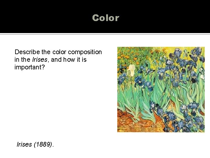 Color Describe the color composition in the Irises, and how it is important? Irises