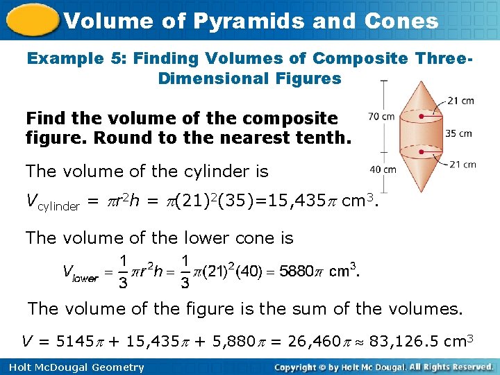 Volume of Pyramids and Cones Example 5: Finding Volumes of Composite Three. Dimensional Figures