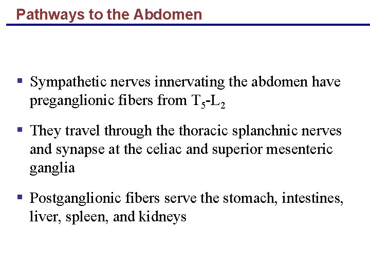 Pathways to the Abdomen § Sympathetic nerves innervating the abdomen have preganglionic fibers from