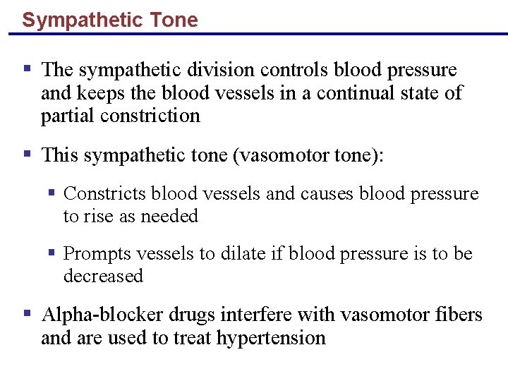 Sympathetic Tone § The sympathetic division controls blood pressure and keeps the blood vessels