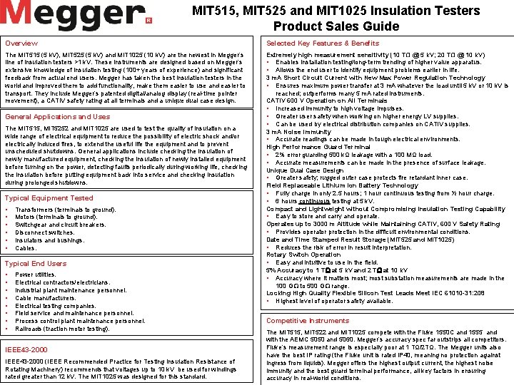 MIT 515, MIT 525 and MIT 1025 Insulation Testers Product Sales Guide Overview Selected