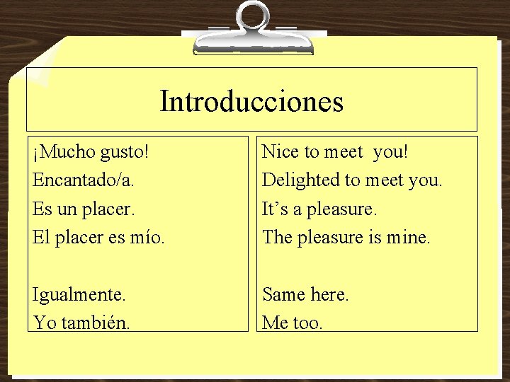 Introducciones ¡Mucho gusto! Encantado/a. Es un placer. El placer es mío. Nice to meet