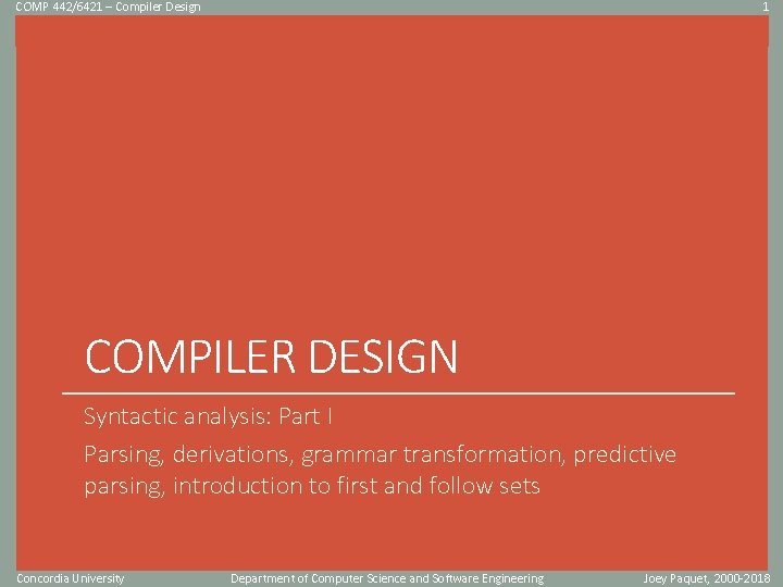 COMP 442/6421 – Compiler Design 1 Click to edit Master title style COMPILER DESIGN