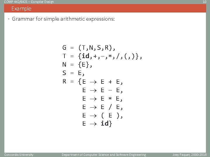 COMP 442/6421 – Compiler Design 10 Example • Grammar for simple arithmetic expressions: G