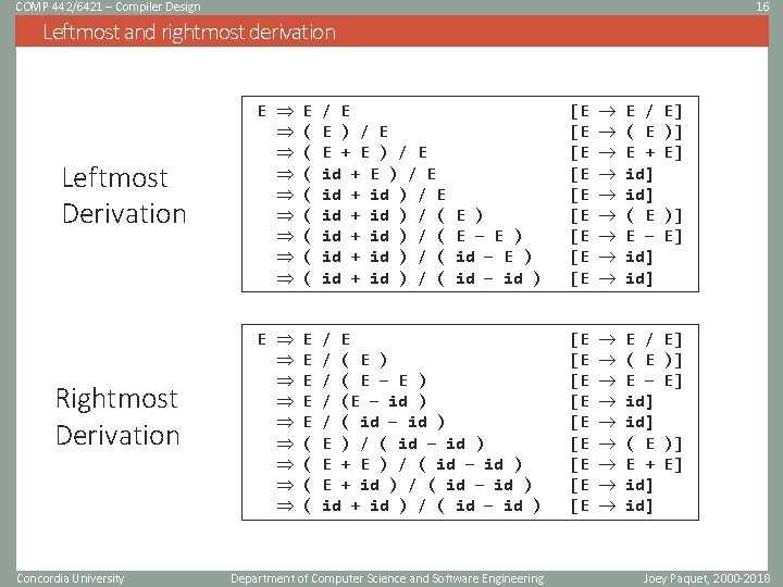 COMP 442/6421 – Compiler Design 16 Leftmost and rightmost derivation Leftmost Derivation Rightmost Derivation