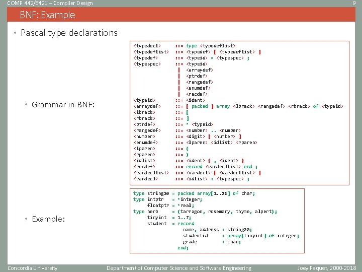 COMP 442/6421 – Compiler Design 9 BNF: Example • Pascal type declarations <typedecl> <typedeflist>