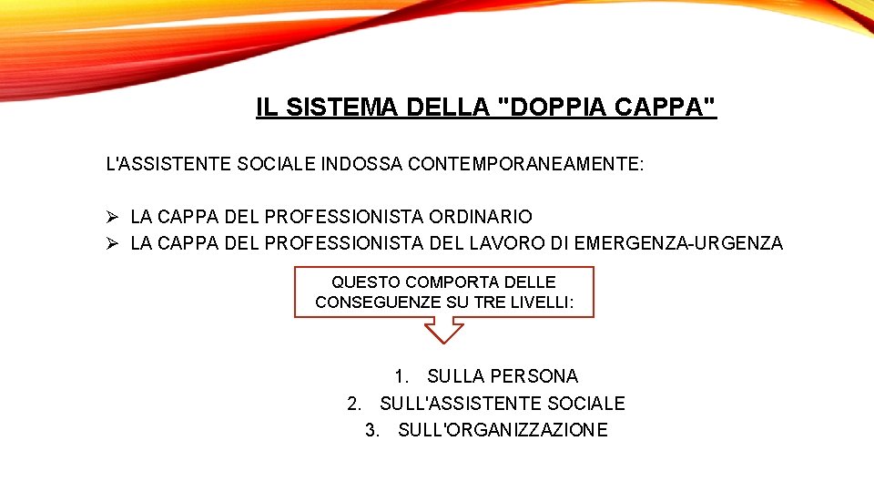 IL SISTEMA DELLA "DOPPIA CAPPA" L'ASSISTENTE SOCIALE INDOSSA CONTEMPORANEAMENTE: Ø LA CAPPA DEL PROFESSIONISTA