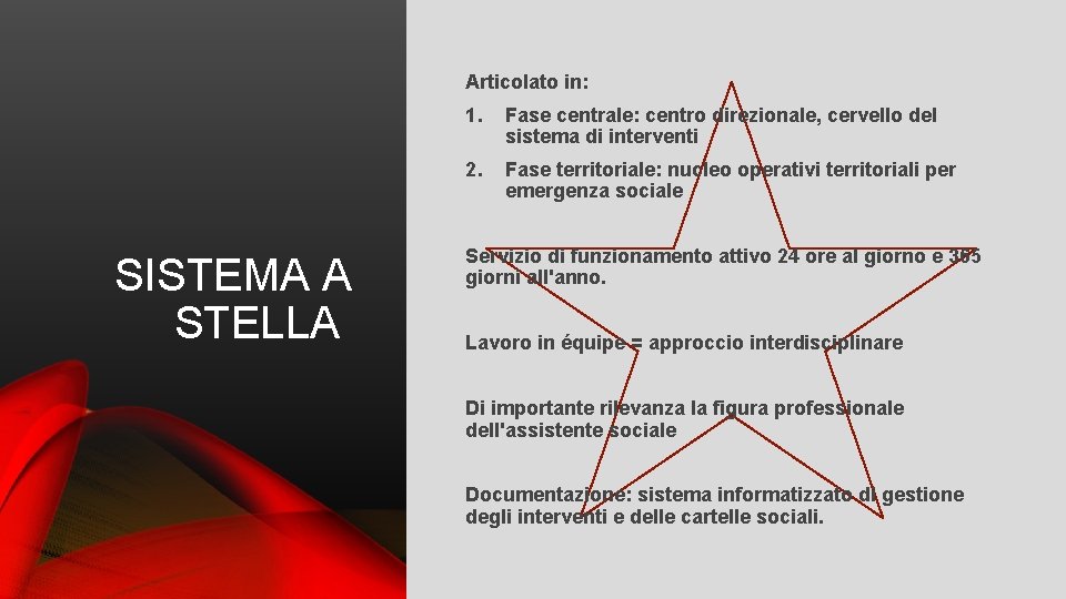 Articolato in: SISTEMA A STELLA 1. Fase centrale: centro direzionale, cervello del sistema di