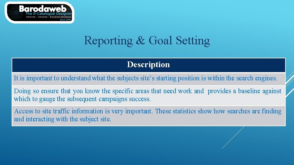 Reporting & Goal Setting Description It is important to understand what the subjects site’s