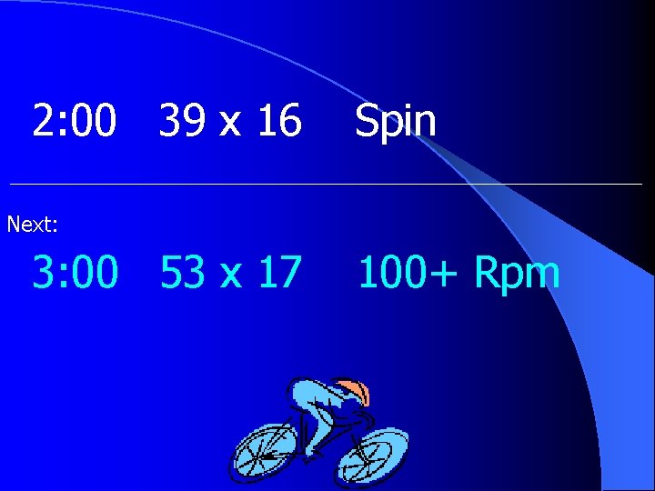 2: 00 39 x 16 Spin Next: 3: 00 53 x 17 100+ Rpm