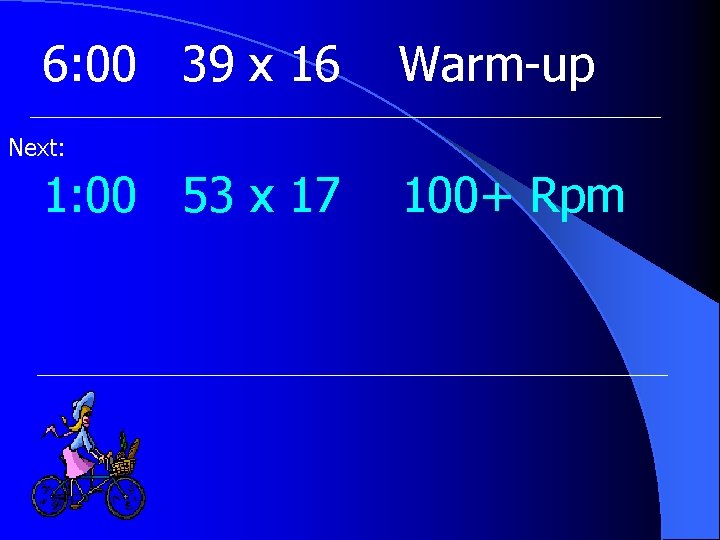 6: 00 39 x 16 Warm-up Next: 1: 00 53 x 17 100+ Rpm