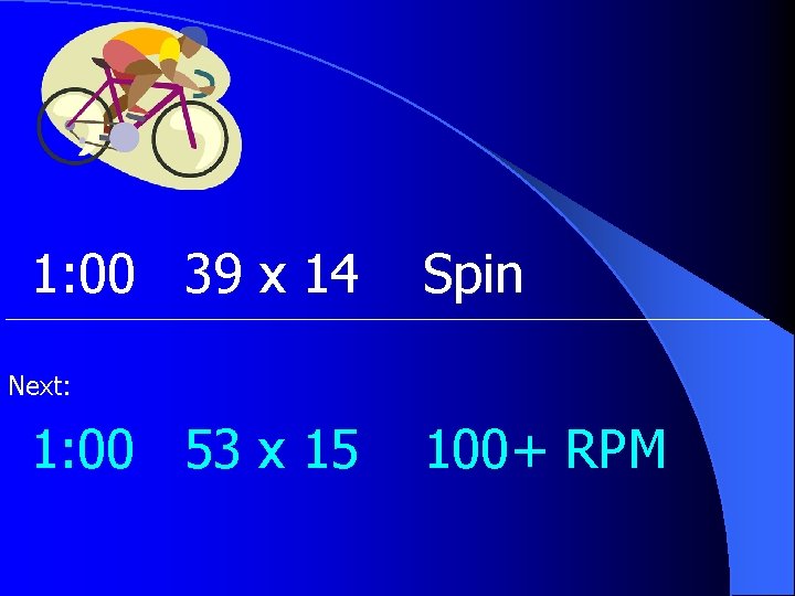 1: 00 39 x 14 Spin Next: 1: 00 53 x 15 100+ RPM