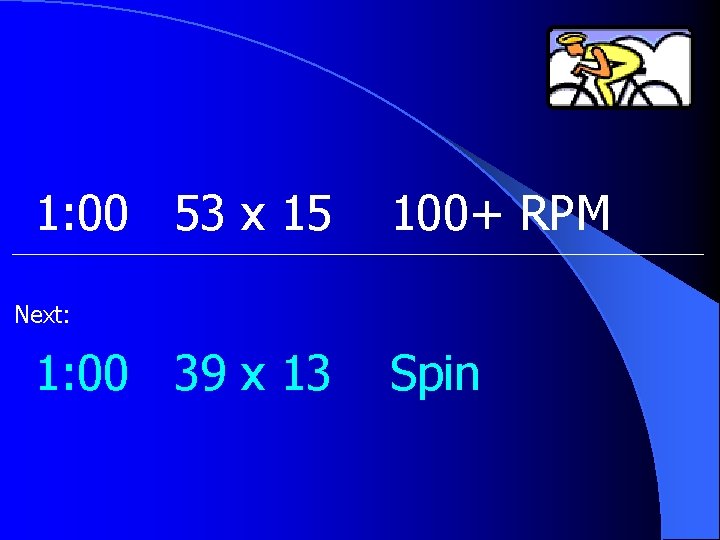 1: 00 53 x 15 100+ RPM Next: 1: 00 39 x 13 Spin