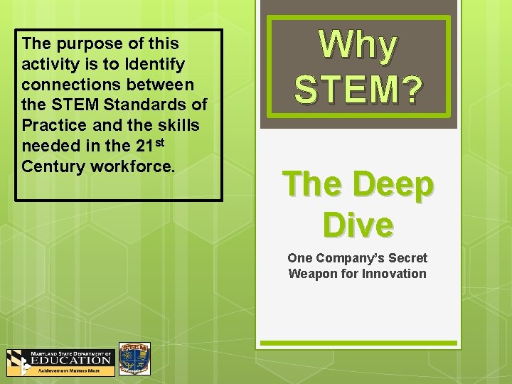 The purpose of this activity is to Identify connections between the STEM Standards of