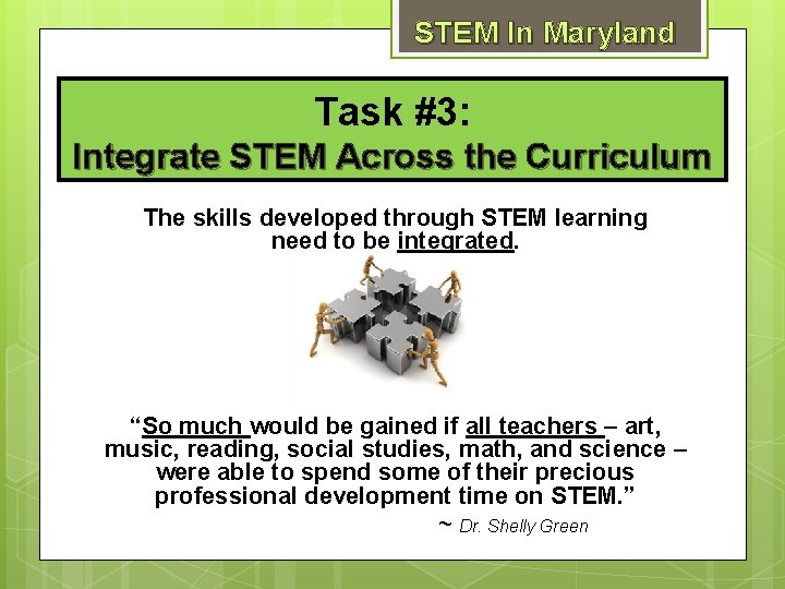 STEM In Maryland Task #3: Integrate STEM Across the Curriculum The skills developed through