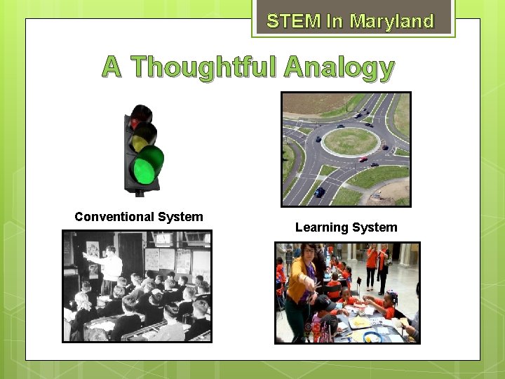 STEM In Maryland A Thoughtful Analogy Conventional System Learning System 