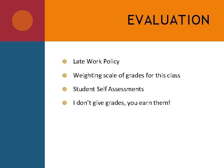 EVALUATION Late Work Policy Weighting scale of grades for this class Student Self Assessments