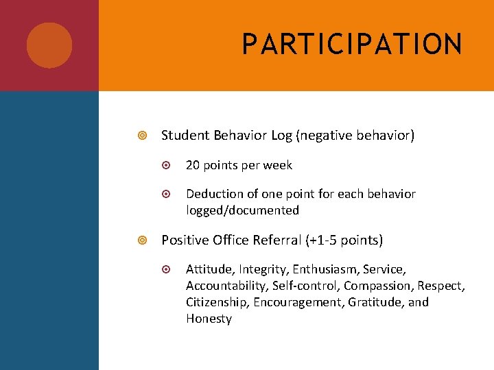 PARTICIPATION Student Behavior Log (negative behavior) 20 points per week Deduction of one point