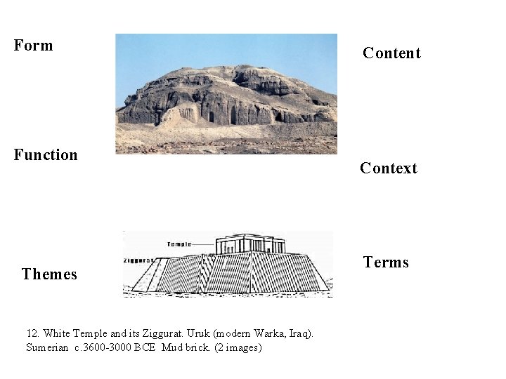 Form Function Themes 12. White Temple and its Ziggurat. Uruk (modern Warka, Iraq). Sumerian