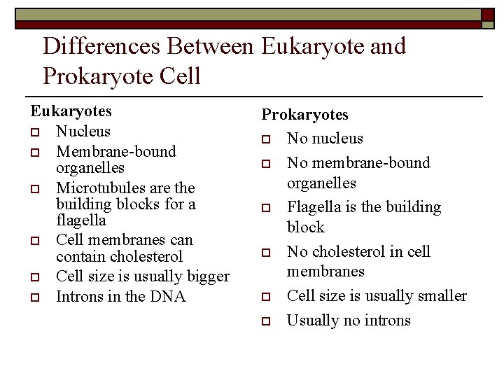 Differences Between Eukaryote and Prokaryote Cell Eukaryotes o Nucleus o Membrane-bound organelles o Microtubules