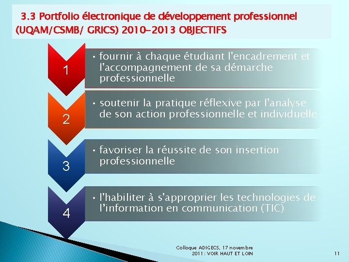 3. 3 Portfolio électronique de développement professionnel (UQAM/CSMB/ GRICS) 2010 -2013 OBJECTIFS 1 •