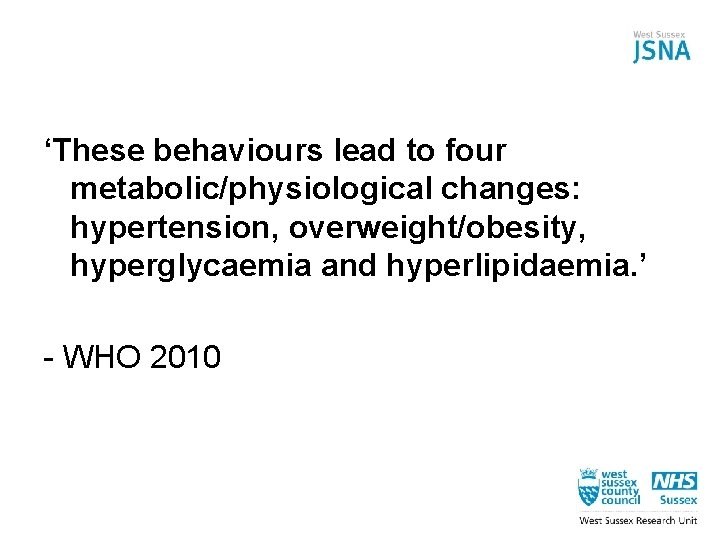 ‘These behaviours lead to four metabolic/physiological changes: hypertension, overweight/obesity, hyperglycaemia and hyperlipidaemia. ’ -