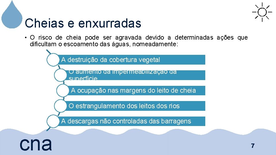 Cheias e enxurradas • O risco de cheia pode ser agravada devido a determinadas