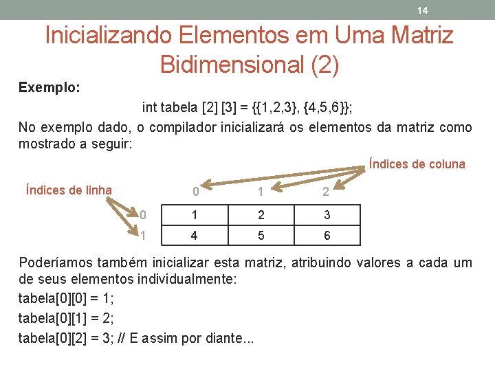 14 Inicializando Elementos em Uma Matriz Bidimensional (2) Exemplo: int tabela [2] [3] =