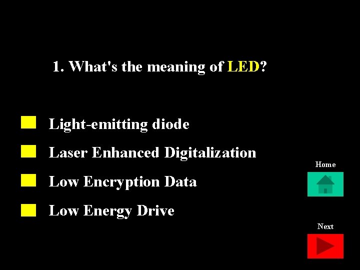 1. What's the meaning of LED? Light-emitting diode Laser Enhanced Digitalization Home Low Encryption