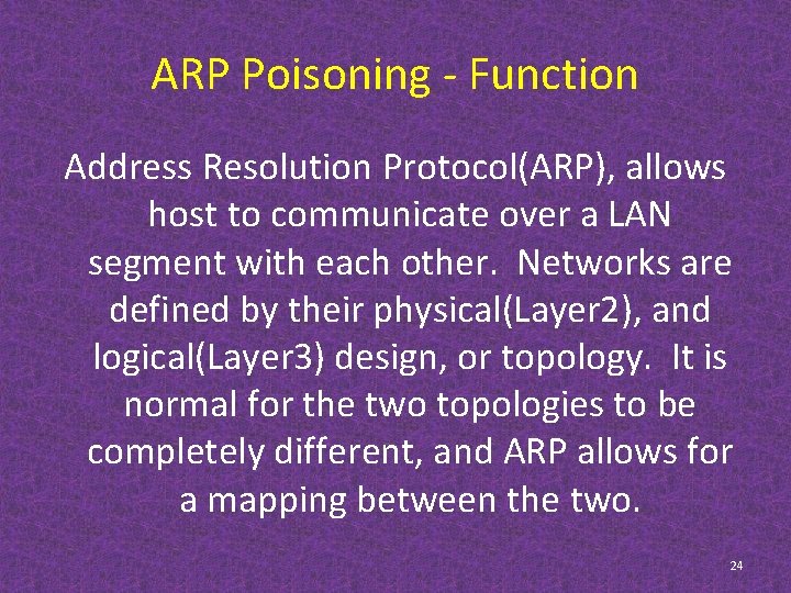 ARP Poisoning - Function Address Resolution Protocol(ARP), allows host to communicate over a LAN