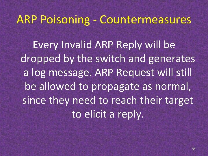 ARP Poisoning - Countermeasures Every Invalid ARP Reply will be dropped by the switch