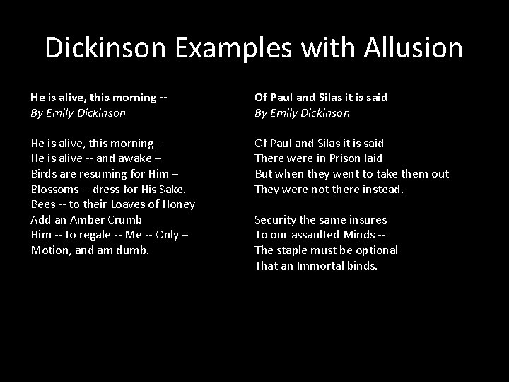 Dickinson Examples with Allusion He is alive, this morning -By Emily Dickinson Of Paul